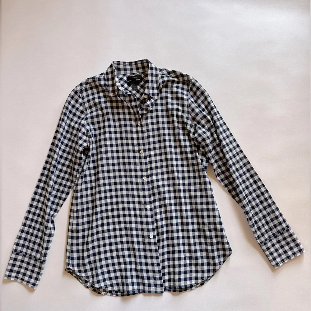JCREW navy and white gingham checked button Front long sleeve blouse 100% cotton - Picture 1 of 4